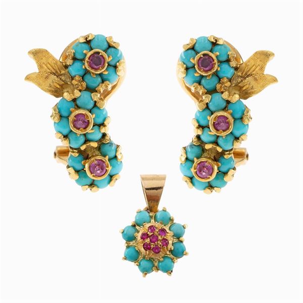 18kt yellow gold with turquoises and rubies parure