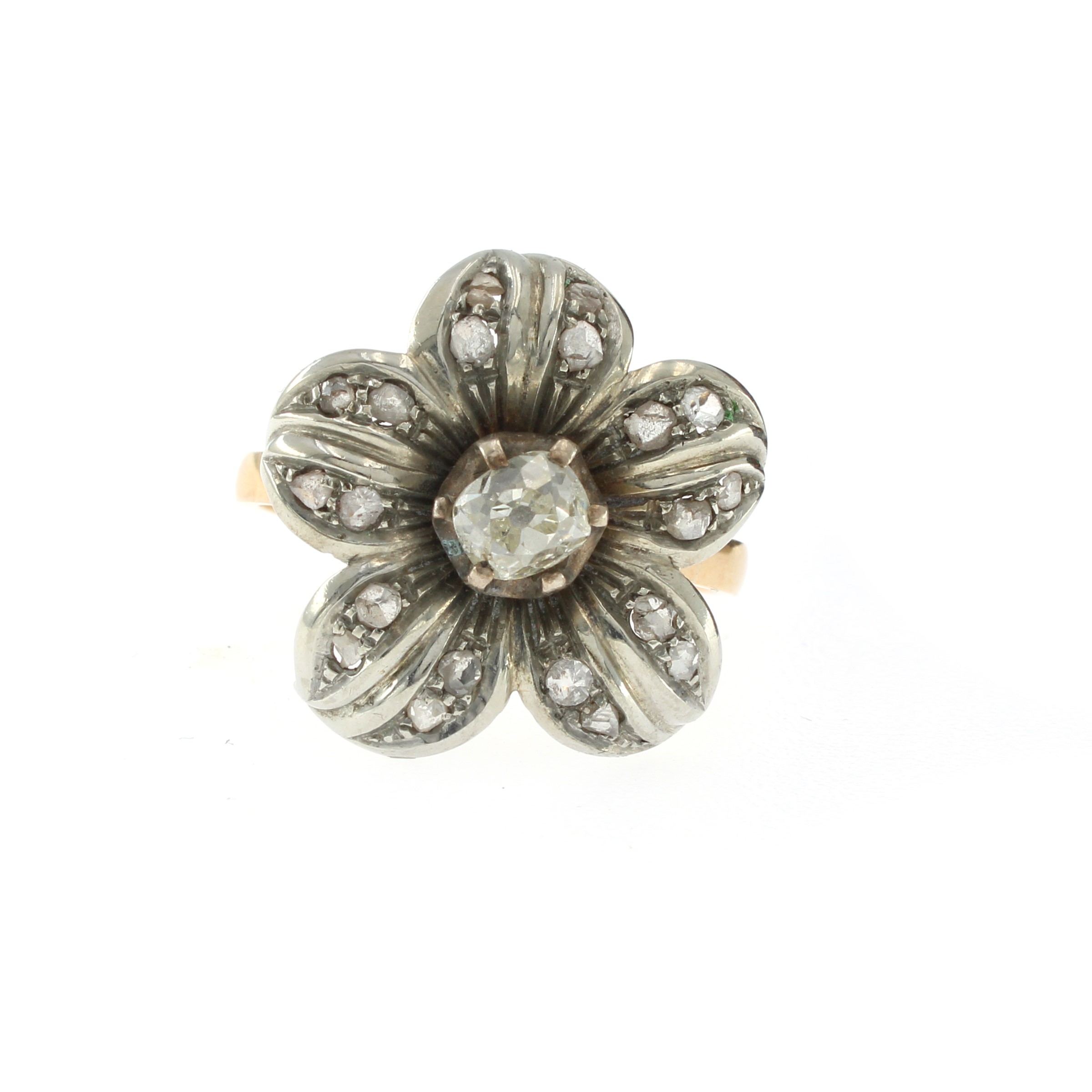 Antico Anello Fiore in Oro Giallo 9kt e Argento Rosa Coroné