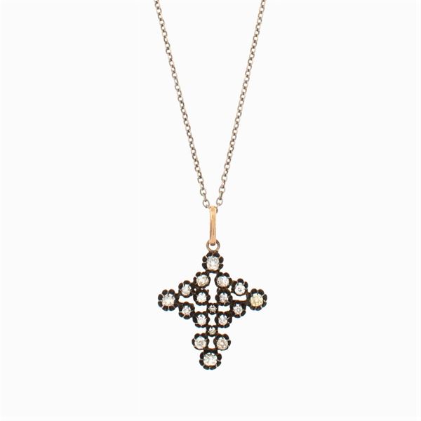Antico pendente Croce in oro argento e rose coroné