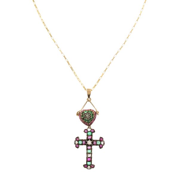 Antico pendente Croce con cuore in oro e argento
