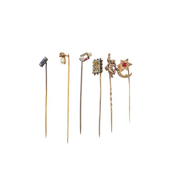 Six antique gold and silver pins