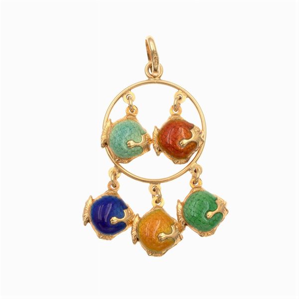 Pendente pesci in oro giallo 18kt e smalto policromo