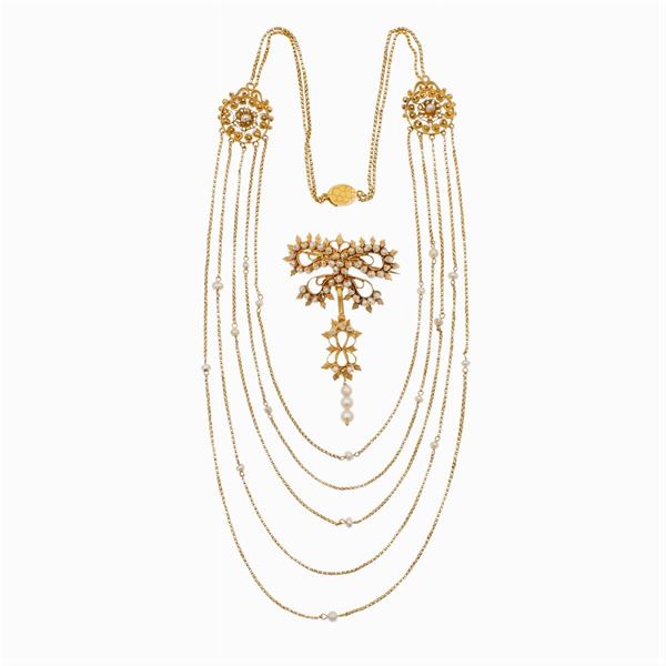 18kt yellow gold necklace and brooch
