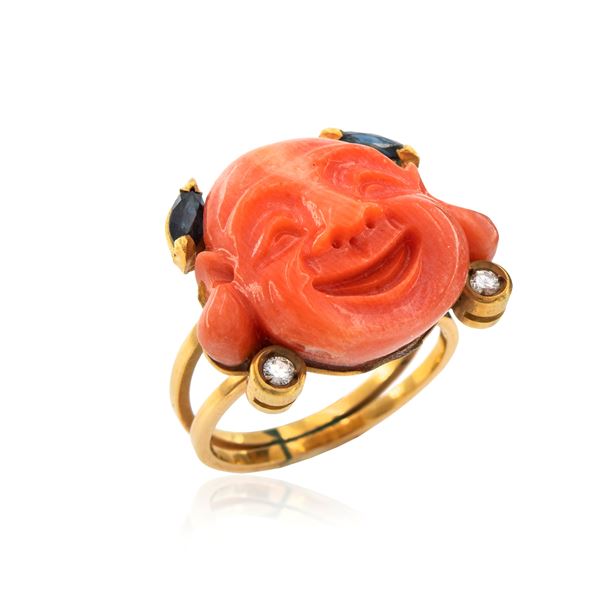 18kt yellow gold and coral Buddha ring