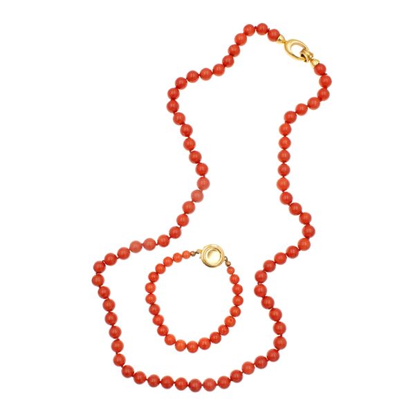 Collana e bracciale in oro giallo 18kt e corallo rosso