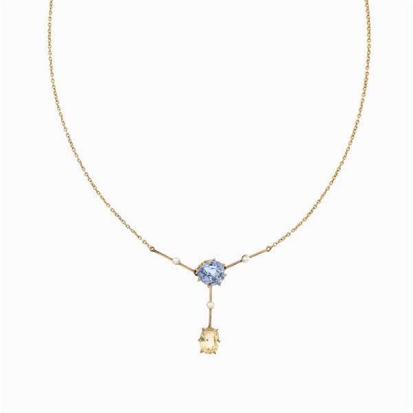 Antique 18kt yellow gold blue and yellow sapphire pendant