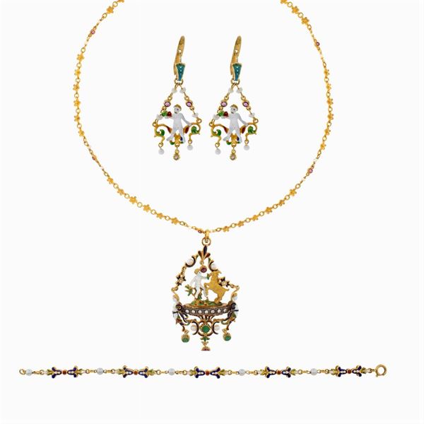 Antique parure with a floral motif depicting allegorical scenes