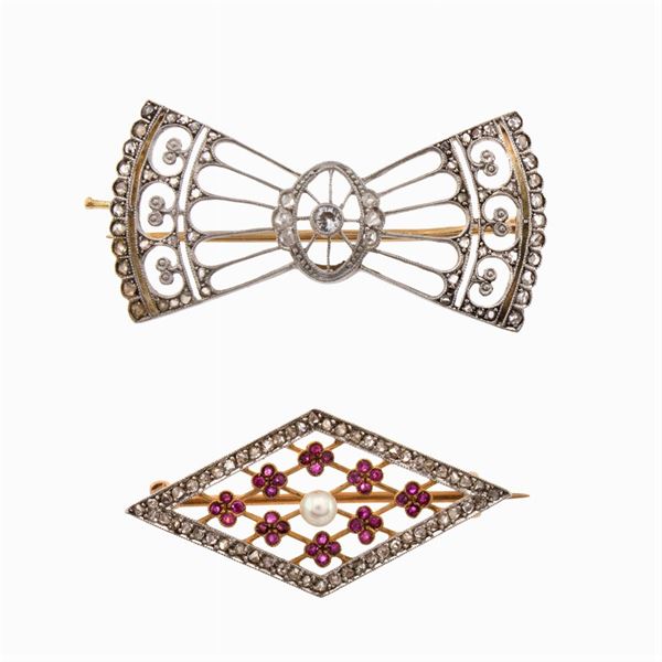 Two silver gold brooches