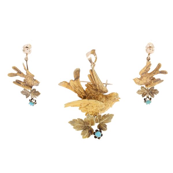 Antique 9kt yellow gold and turquoises dove parure
