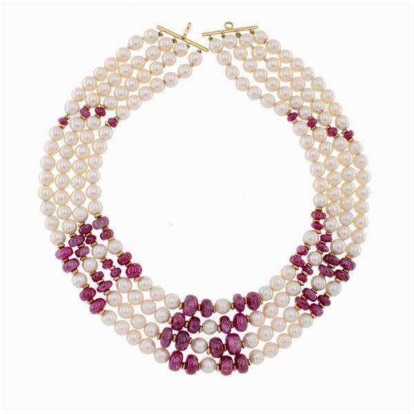 Four-strands cultured pearls and rubies necklace