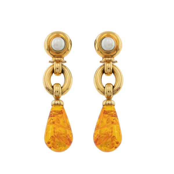 Orecchini pendenti in oro giallo 18kt perle e ambra