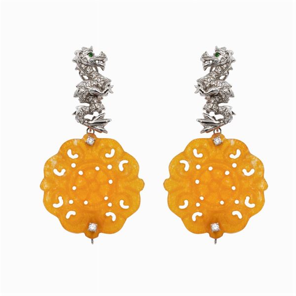 Orange jade pendant dragon earrings