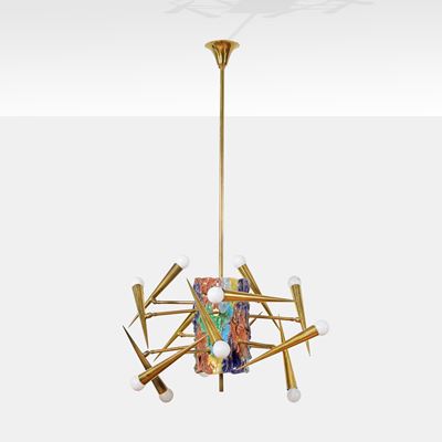 Angelo Brotto, Lampada a sospensione in ottone e ceramica smaltata, Italia, anni '60