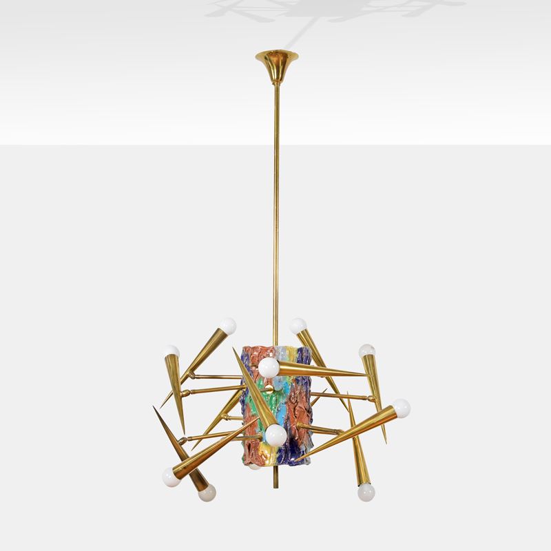 Angelo Brotto, Lampada a sospensione in ottone e ceramica smaltata, Italia, anni '60