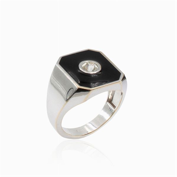 18kt white gold and black enamel Chevalier ring
