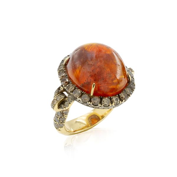12kt yellow gold and silver ring with amber