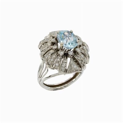Anello in Oro Bianco 14kt Acquamarina e Diamanti