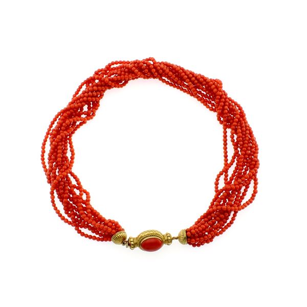 Torchon coral strand necklace