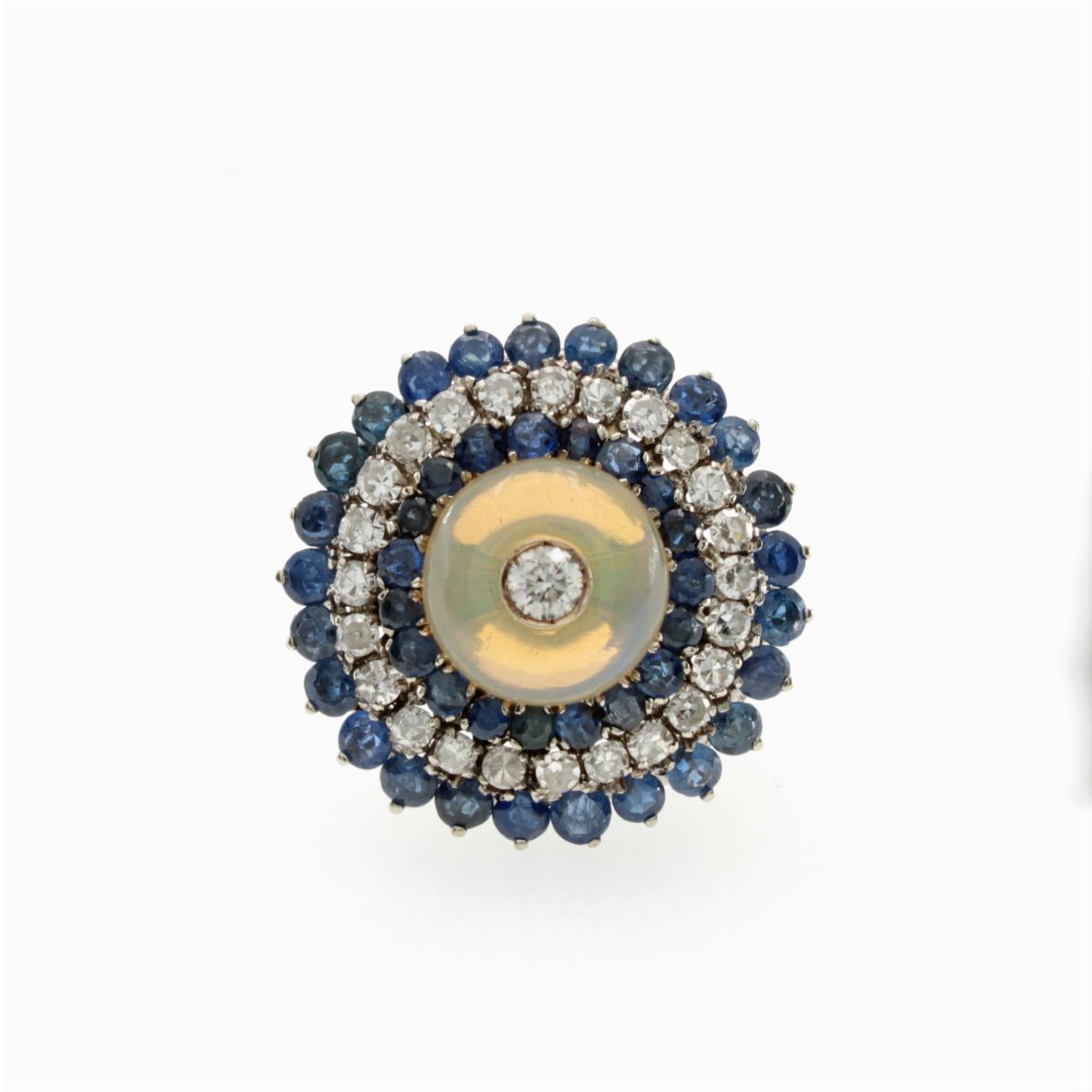 Anello in Oro Bianco 18kt Opale Arlecchino Zaffiri e Diamanti