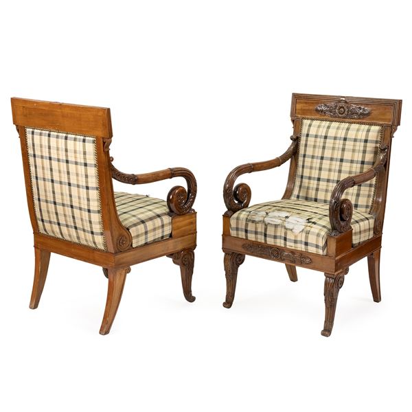 Four wood and fabric armchairs