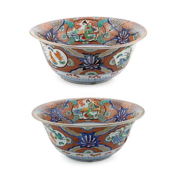 Pair of large polychrome porcelain basins