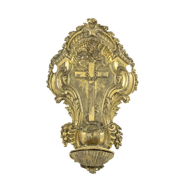 Acquasantiera in bronzo dorato  (Roma, XVIII Sec.)  - Asta Arredi, Sculture, Dipinti Antichi e del XIX Secolo - I - Colasanti Casa d'Aste
