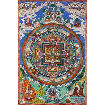 Thangka con Mandala Centrale su Fondo Azzurro