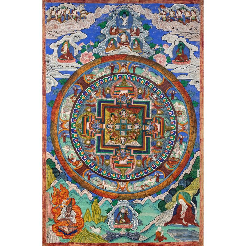 Thangka con Mandala Centrale su Fondo Azzurro
