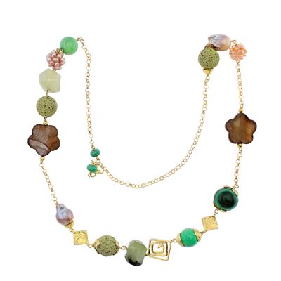 Lunga Collana in Argento Dorato con Malachite, Madreperla, Pietre Dure e Perle Fresh Water