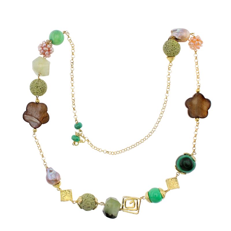 Lunga Collana in Argento Dorato con Malachite, Madreperla, Pietre Dure e Perle Fresh Water