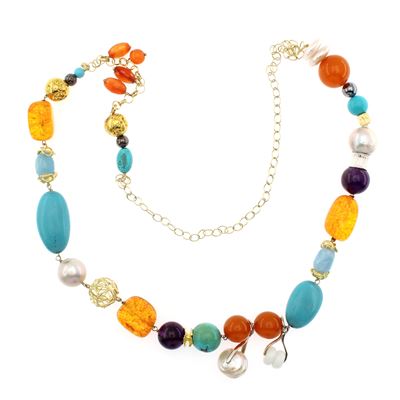 Lunga Collana in Argento con Ambra, Ametista, Corniola, Pasta di Turchese, Ematite Gialla