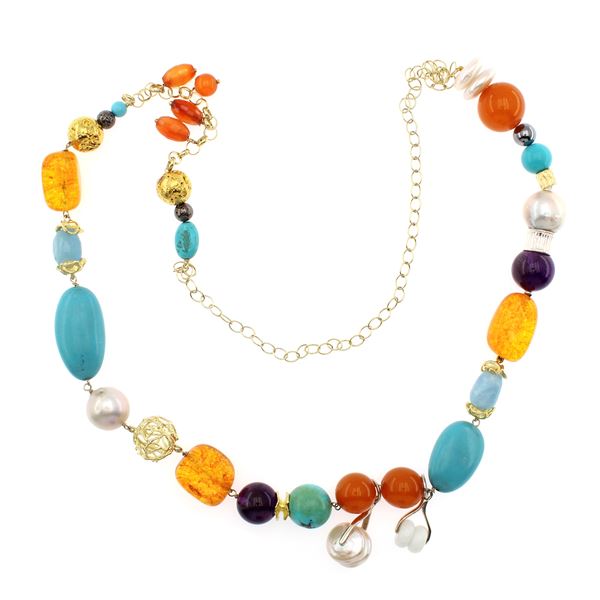 Long silver necklace with amber, amethyst, carnelian, turquoise paste, yellow hematite