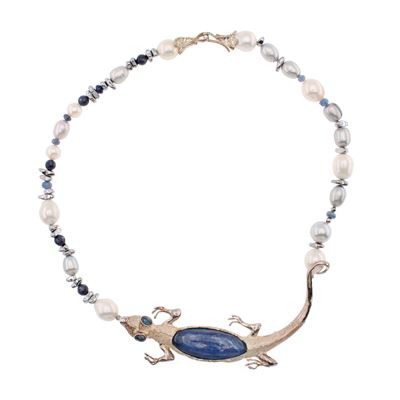 Collana Coccodrillo in Argento con Cianite, Perle Fresh Water e Zaffiri