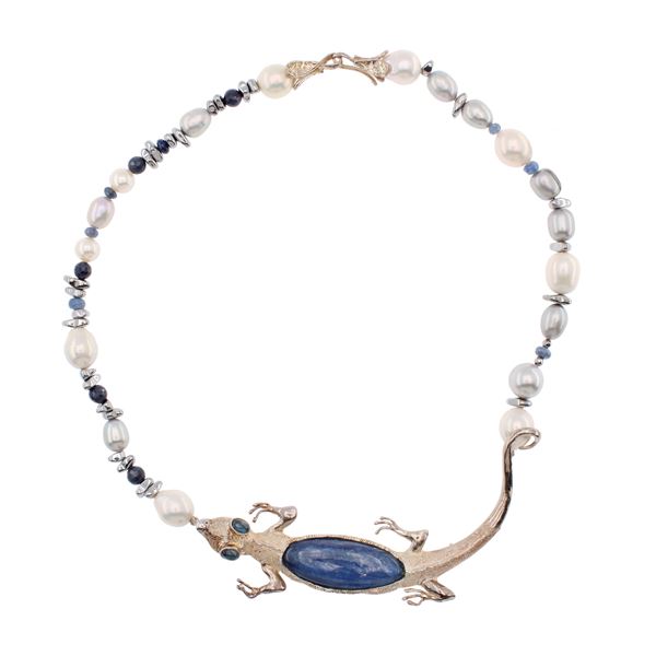 Silver crocodile shaped necklace with kyanite, fresh water pearls and sapphires