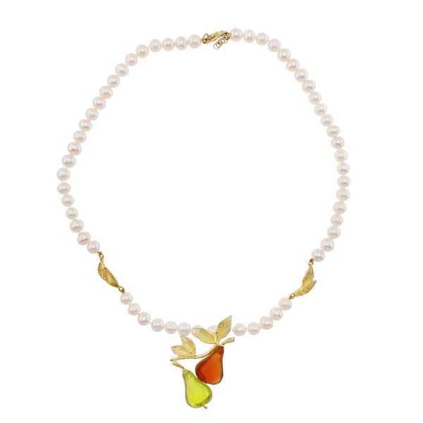 Gilded silver with fresh water pearls and glass paste with fruit motif necklace