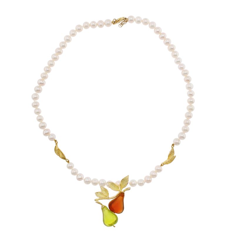 Collana in Argento Dorato Perle Fresh Water e Paste Vitree a Motivo di Frutta