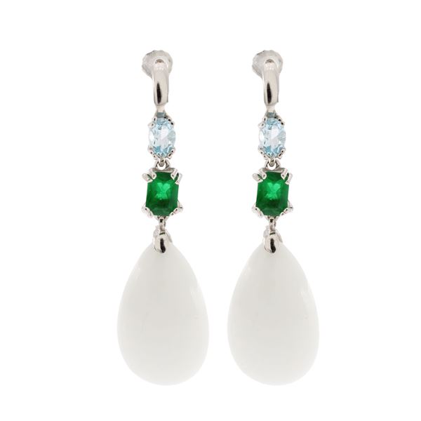 White agate silver and synthetic stones pendant earrings