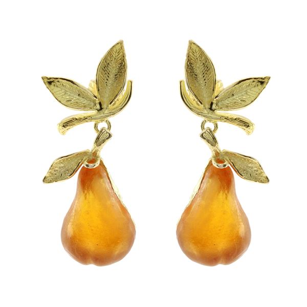 Gilded silver and glass paste with fruit motif pendant earrings