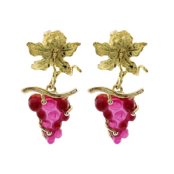 Gilded silver and glass paste with fruit motif pendant earrings