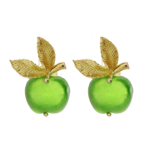 Glded silver and glass paste with fruit motif Pendant earrings