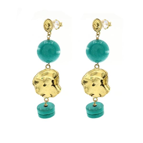 Golden silver and turquoise pendant earrings