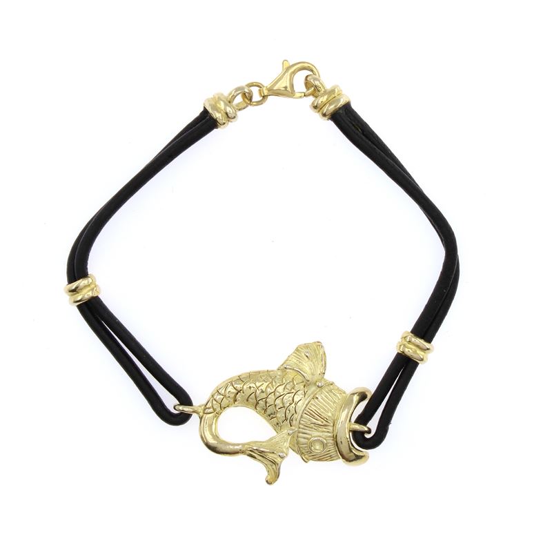 Bracciale in Argento Dorato a Motivo di Pesce e Caucciù