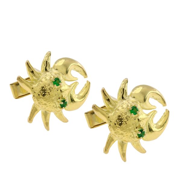 Crab shaped cufflinks in gold-plated silver and synthetic stones