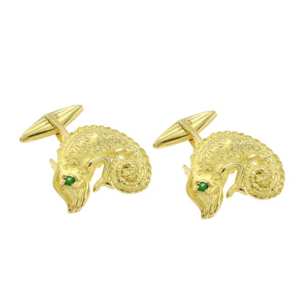 Iguana shaped cufflinks in gold-plated silver and synthetic stones