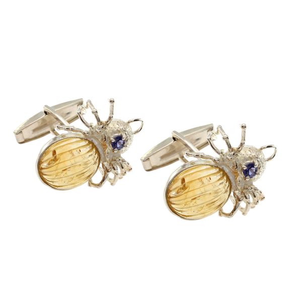 Spider shaped cufflinks in citrine silver and synthetic stones