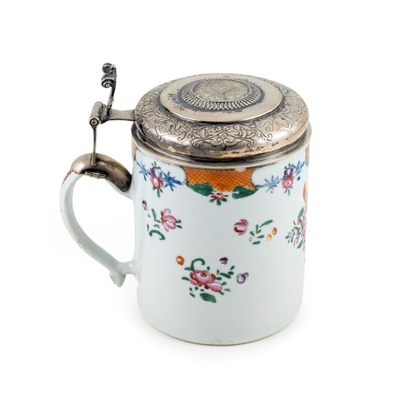 Polychrome porcelain and silver tankard