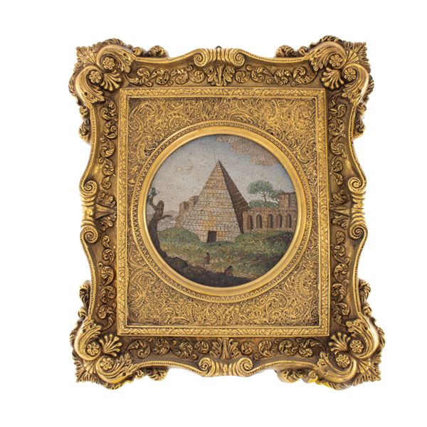 Placca circolare in micromosaico su cassina di rame