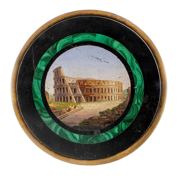 Placca circolare in micromosaico su nero del Belgio