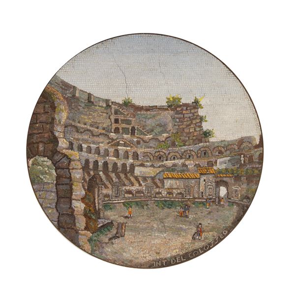 Placca circolare in micromosaico su cassina di rame