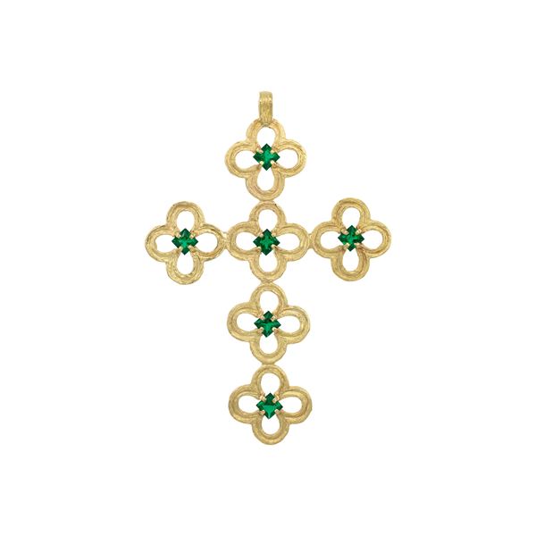 18kt yellow gold and green garnets c ross pendant  - Auction Jewels and Watches - Colasanti Casa d'Aste